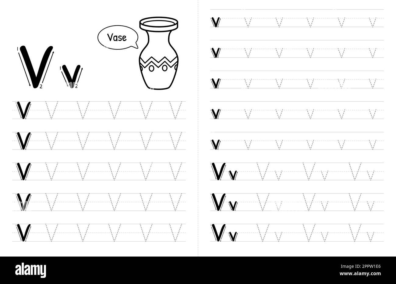 ABC Alphabets Tracing Book Interior per bambini. Bambini scrivere foglio di lavoro con immagine. Elementi vettoriali premium lettera V. Illustrazione Vettoriale