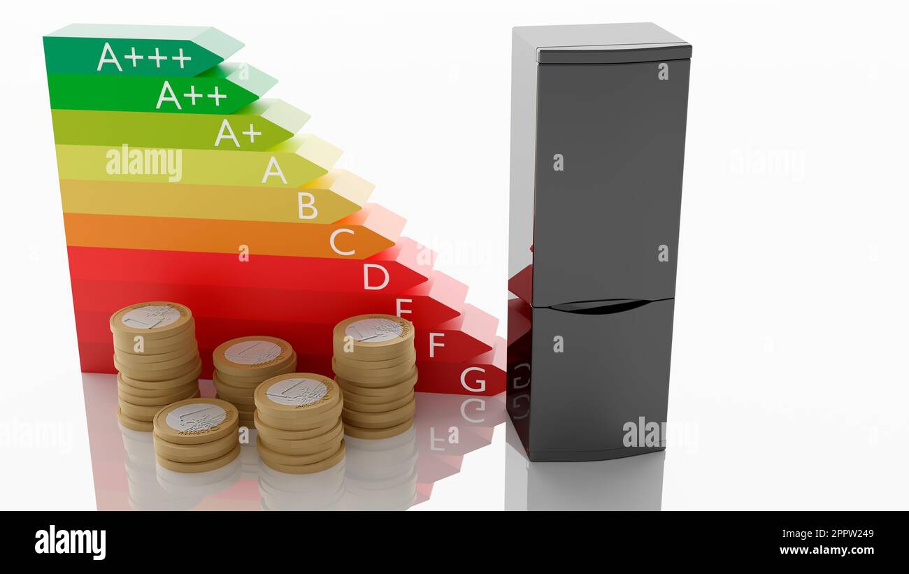 Illustrazione 3D. Elettrodomestici. Frigorifero affiancato da un simbolo di risparmio energetico. Una moneta in euro si accumulerà per simboleggiare il risparmio. Foto Stock