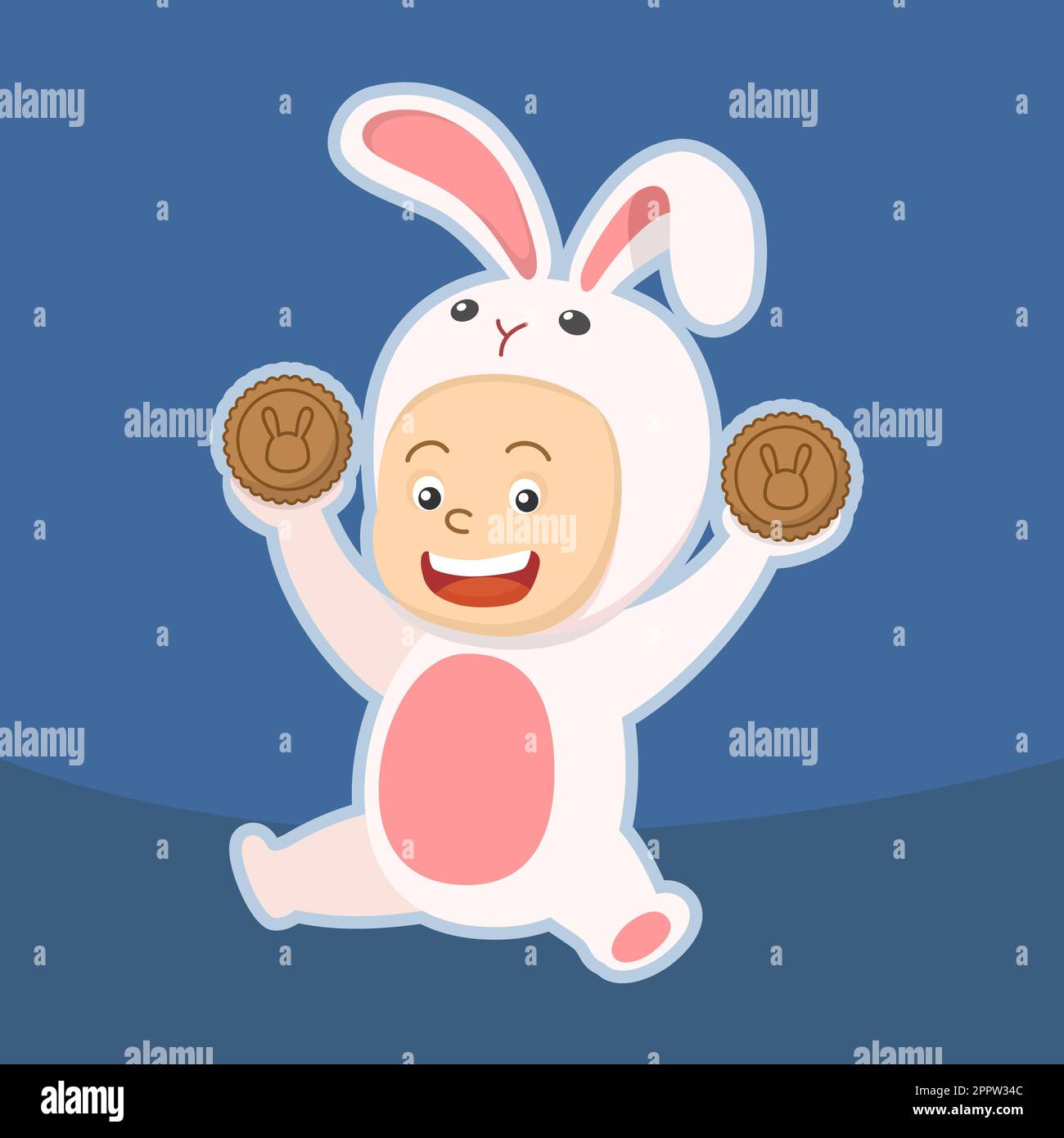 cute capretto in costume di coniglio che tiene due festa di metà autunno torta di luna Illustrazione Vettoriale