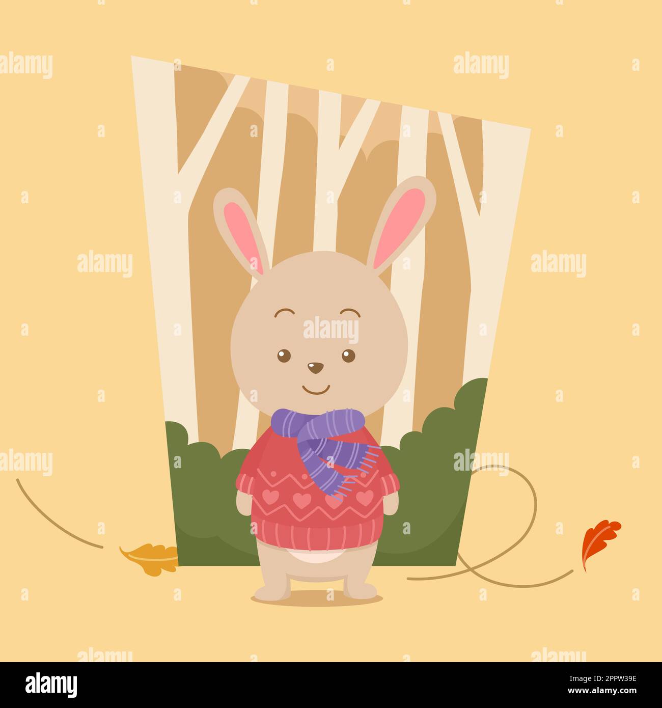 carino coniglio cartone animato che indossa maglione nella foresta Illustrazione Vettoriale