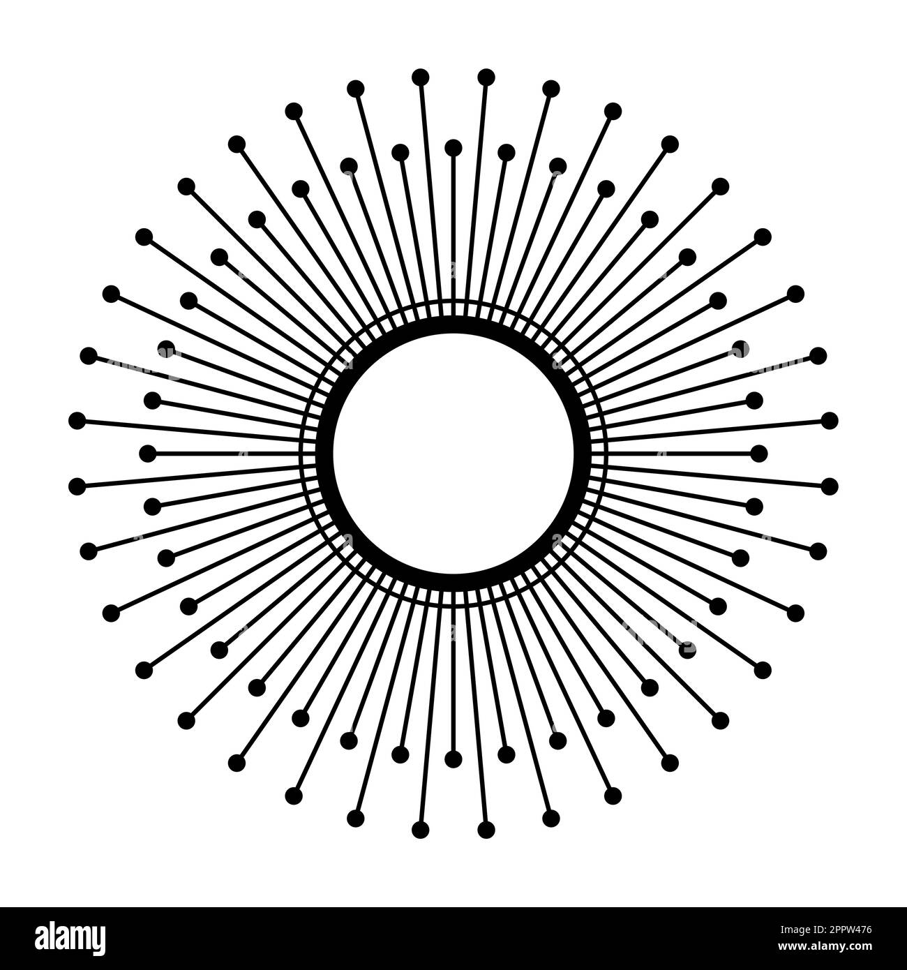 Simbolo del sole, disco solare con 72, sei volte dodici, raggi di luce Illustrazione Vettoriale