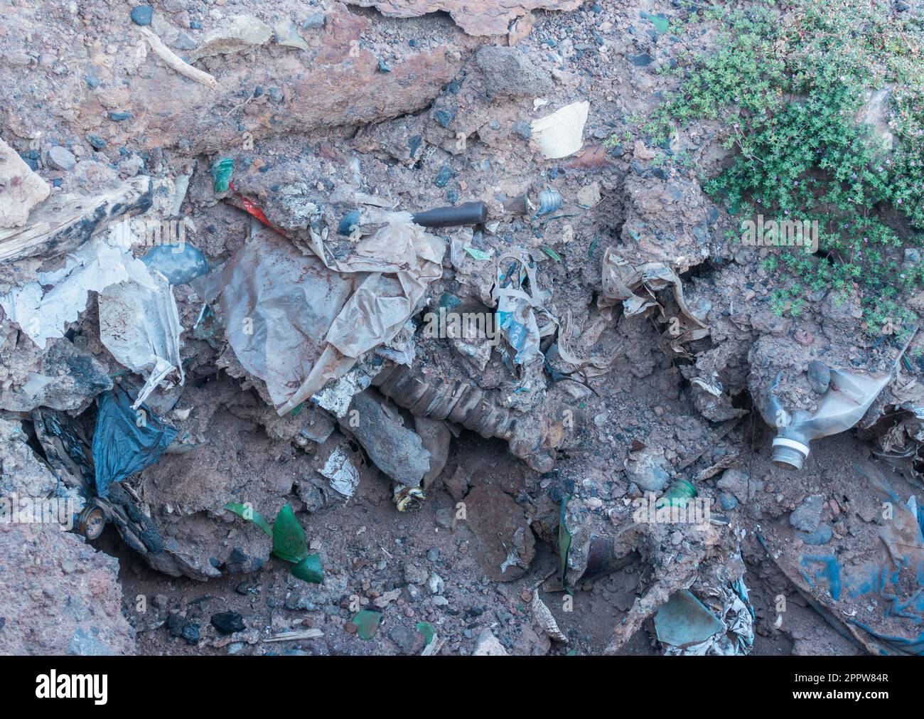 Bottiglie di plastica degradanti in discarica. Foto Stock