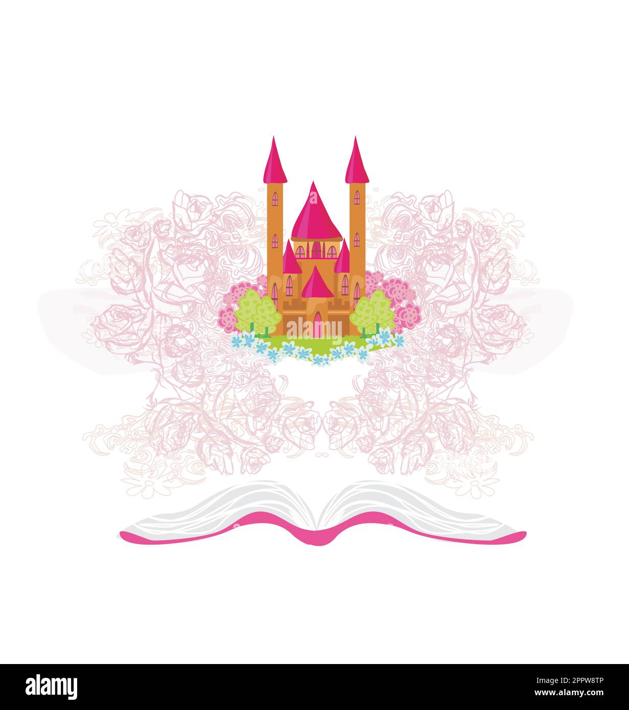 Magico mondo di racconti, castello fiabesco che appare dal libro Illustrazione Vettoriale