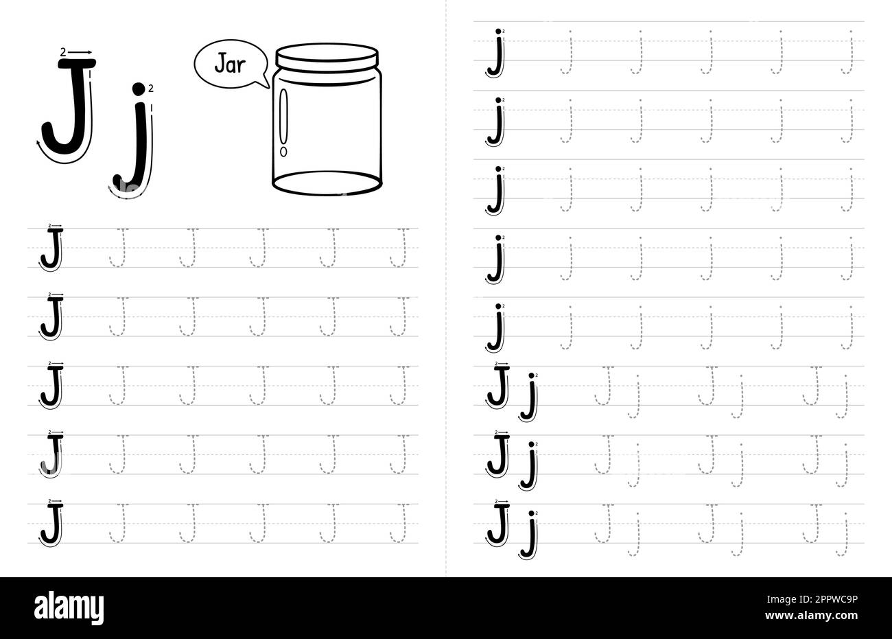 ABC Alphabets Tracing Book Interior per bambini. Bambini scrivere foglio di lavoro con immagine. Elementi vettoriali premium lettera J. Illustrazione Vettoriale