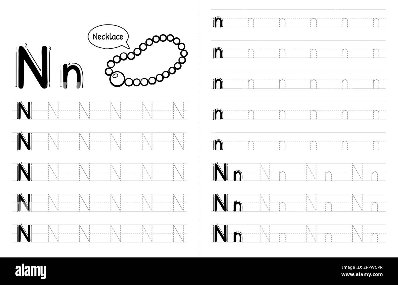 ABC Alphabets Tracing Book Interior per bambini. Bambini scrivere foglio di lavoro con immagine. Elementi vettoriali Premium lettera N. Illustrazione Vettoriale