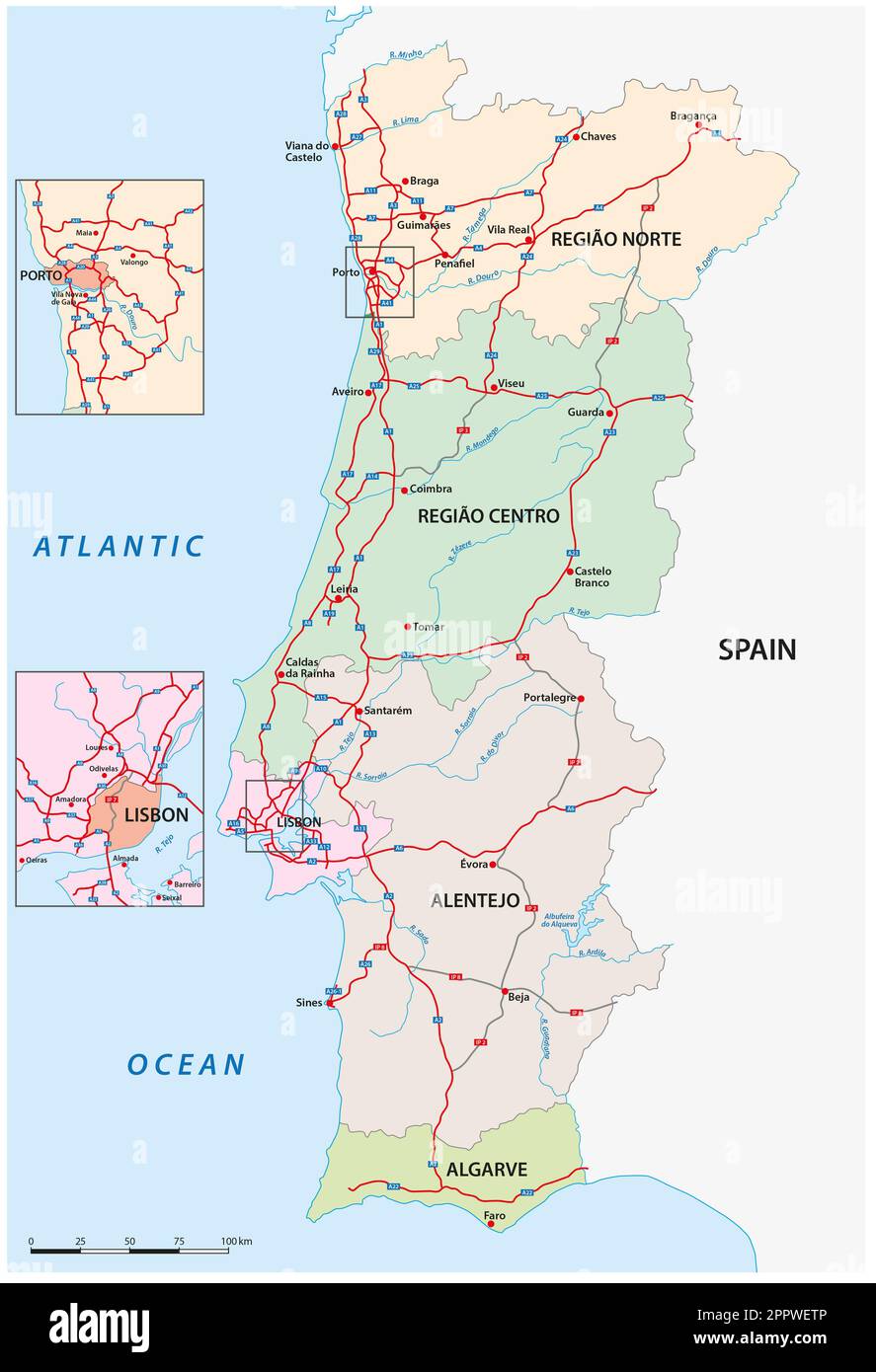 Mappa vettoriale regionale amministrativa e autostradale del Portogallo Foto Stock