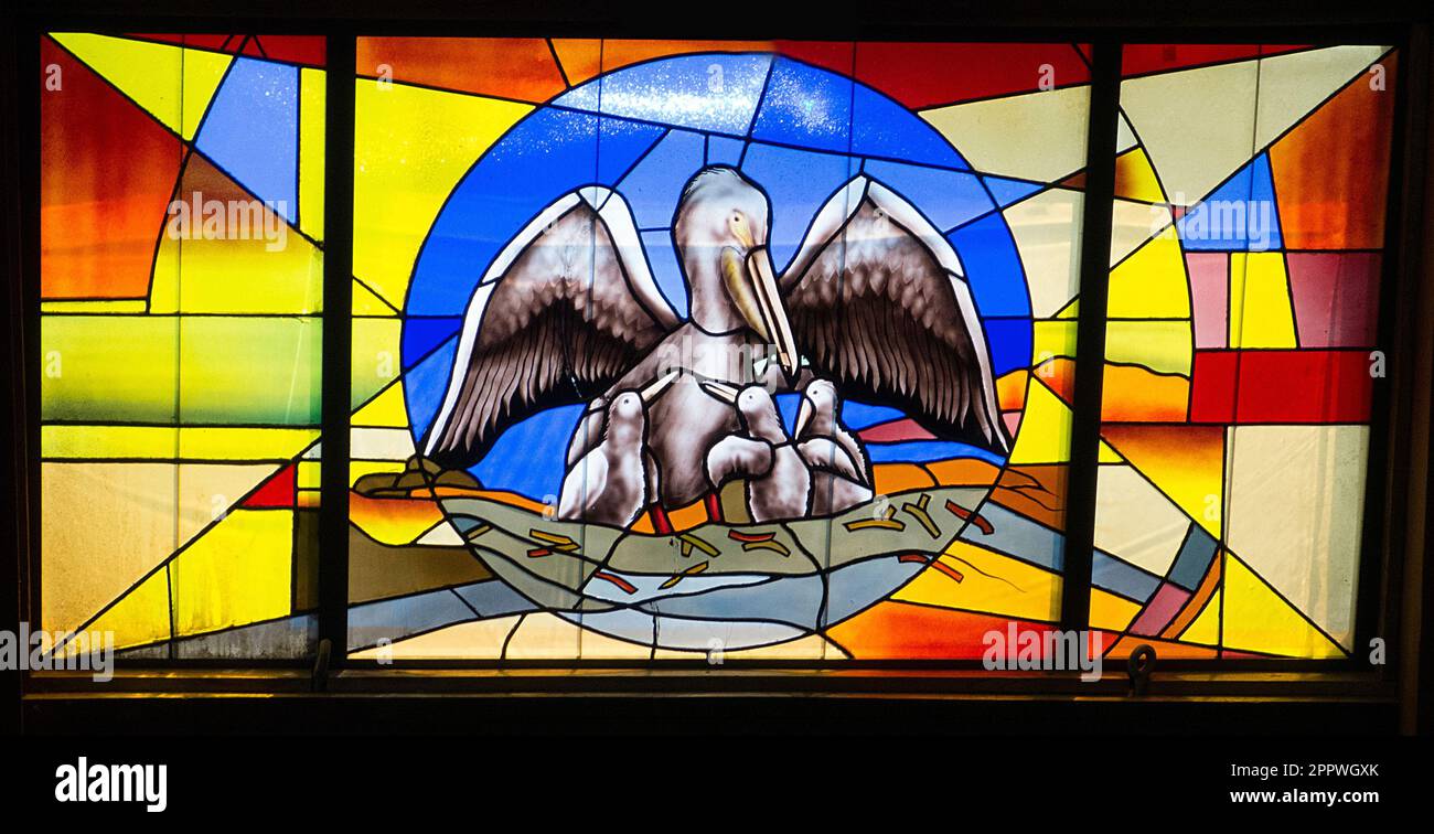 Vetrate trovate alla chiesa di Santa Marianita, Puerto Ayora, Santa Cruz, Isole Galapagos, Ecuador. Foto Stock