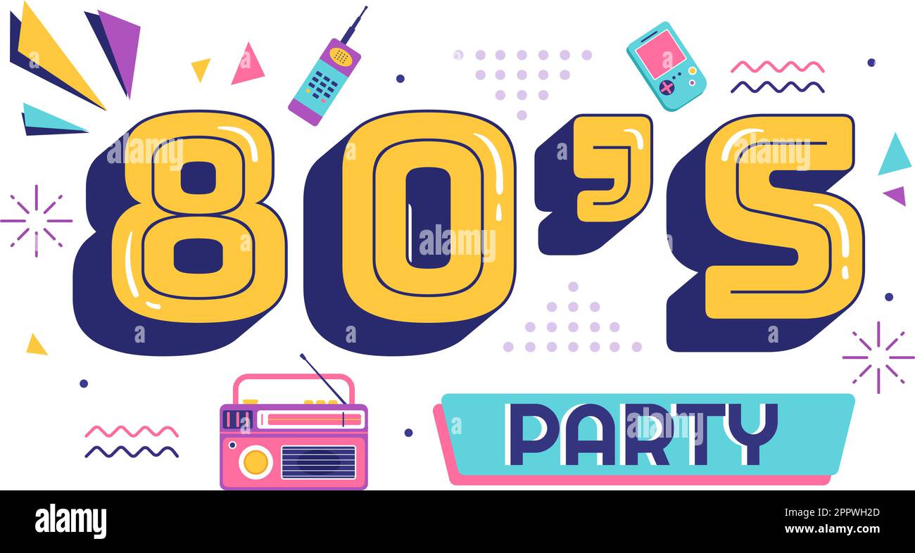 80s Party Cartoon background Illustration with retro Music, 1980 radio Cassette Player and disco in Old Style Design Illustrazione Vettoriale