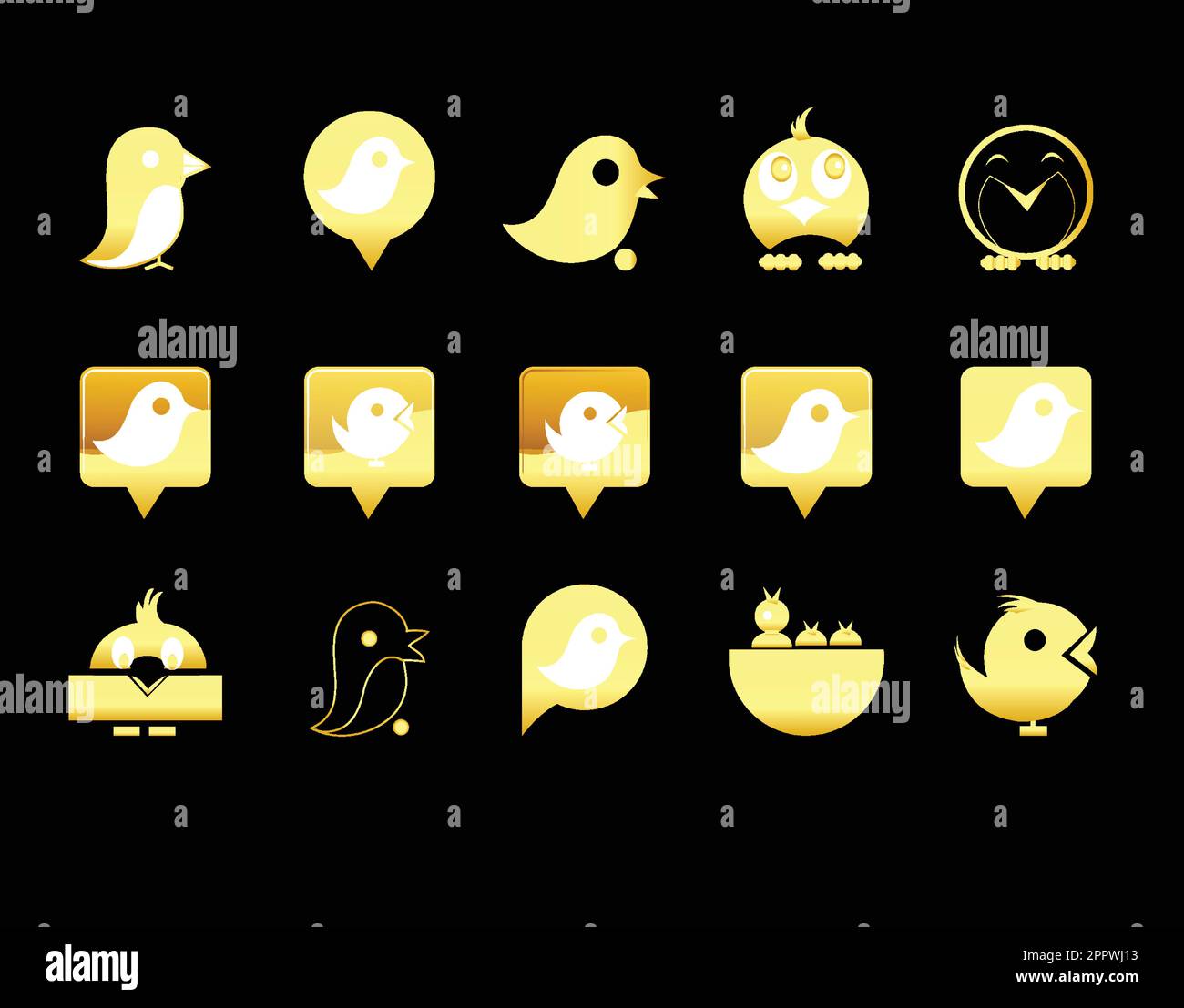 Icone di uccelli d'oro isolate su sfondo nero Illustrazione Vettoriale