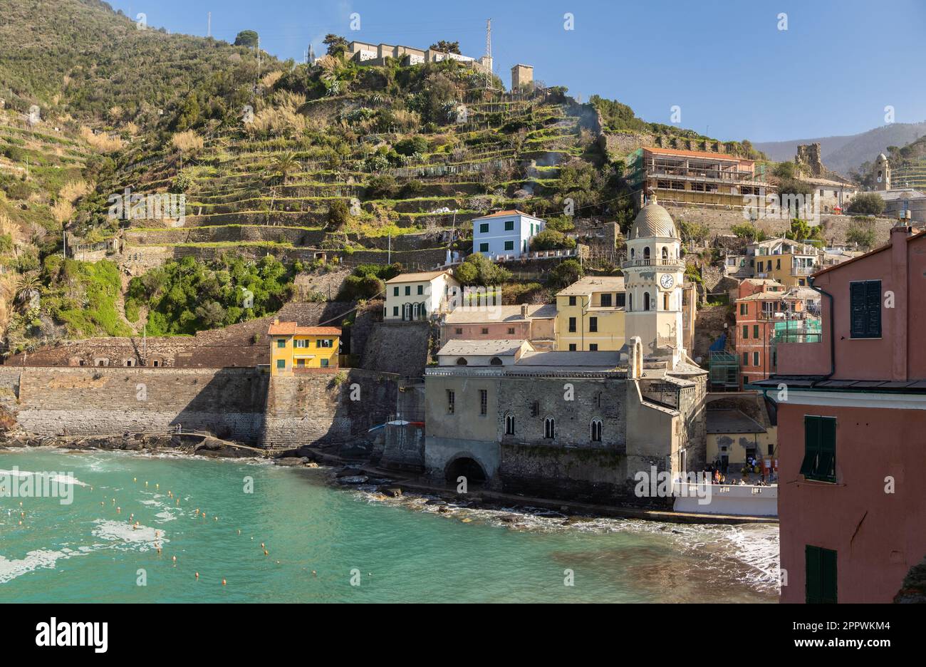 Villagescape e porto, Vernazza, la Spezia, Liguria, Italia Foto Stock