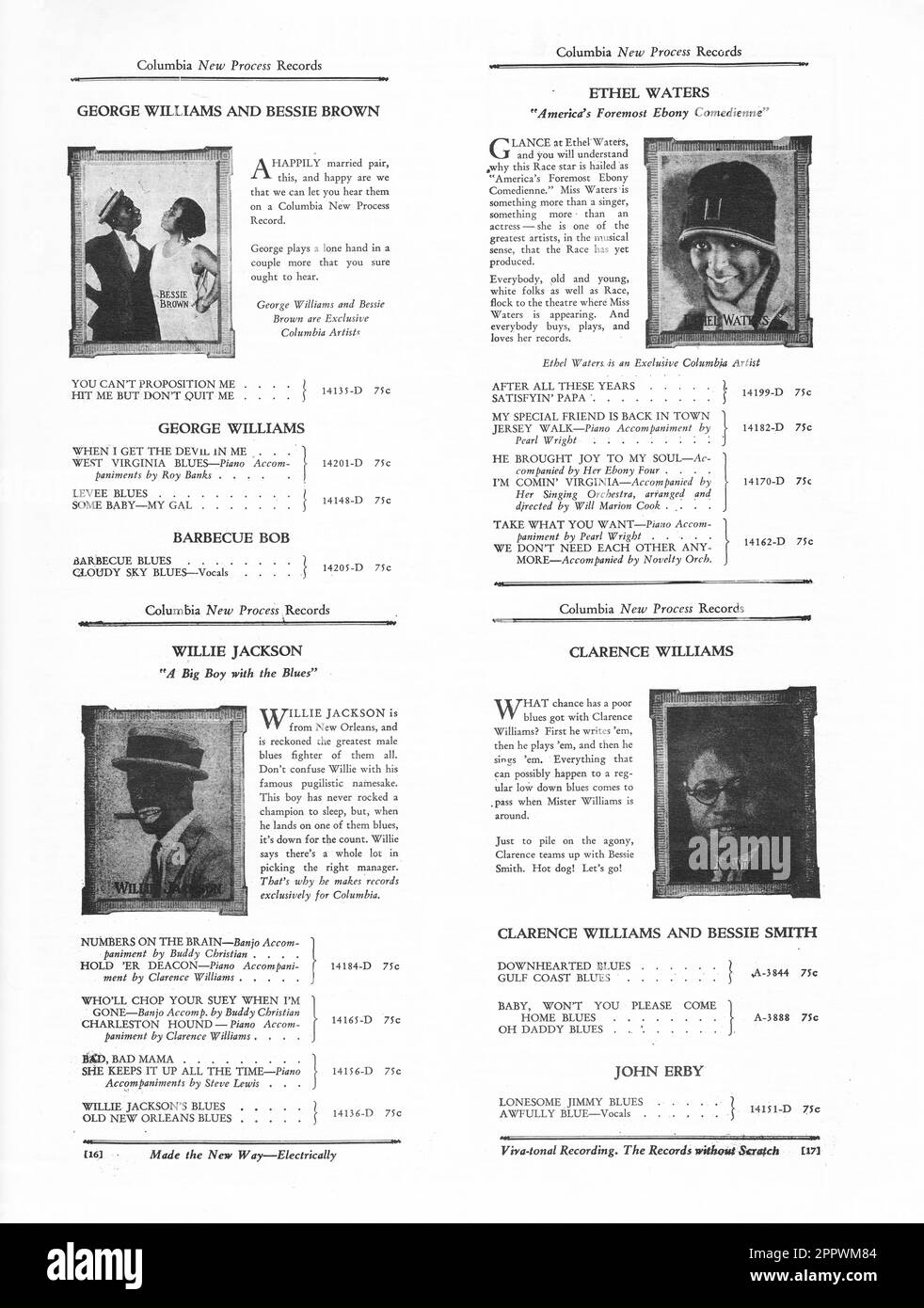 Una pagina di un catalogo di registrazione di corsa della Columbia Records 1927 che presenta l'opera registrata delle stelle cantanti afro-americane. Foto Stock