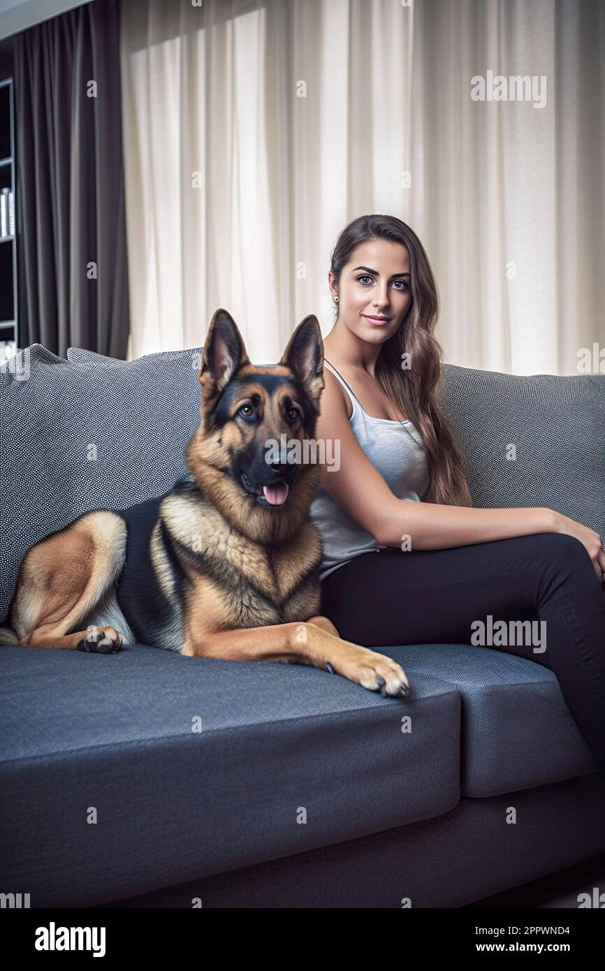 Lusso moderno: Vivere alla moda e rilassarsi a casa con un bel cane pureed Foto Stock