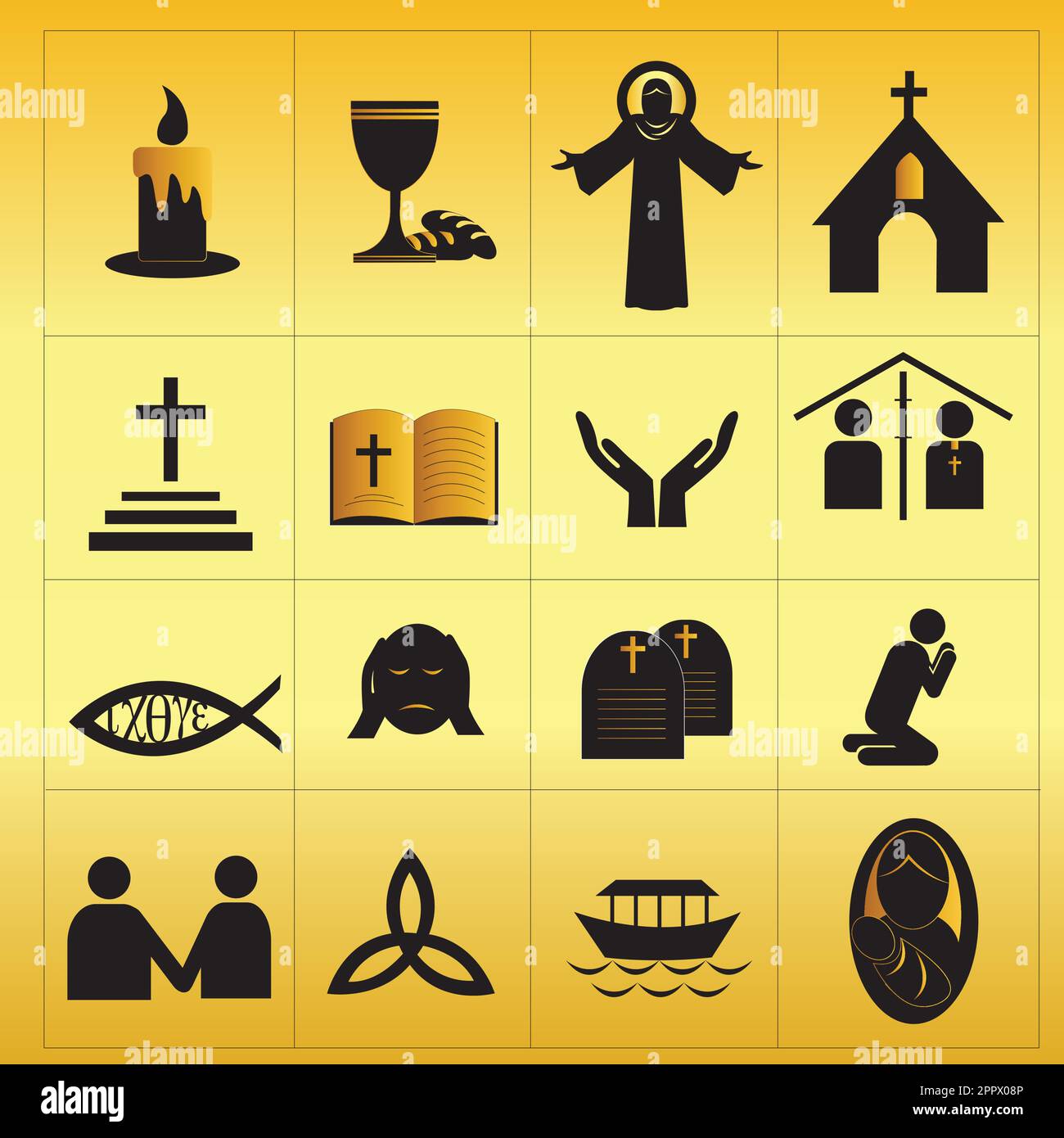 le icone di fede cristiana nera si isolano su sfondo dorato Illustrazione Vettoriale