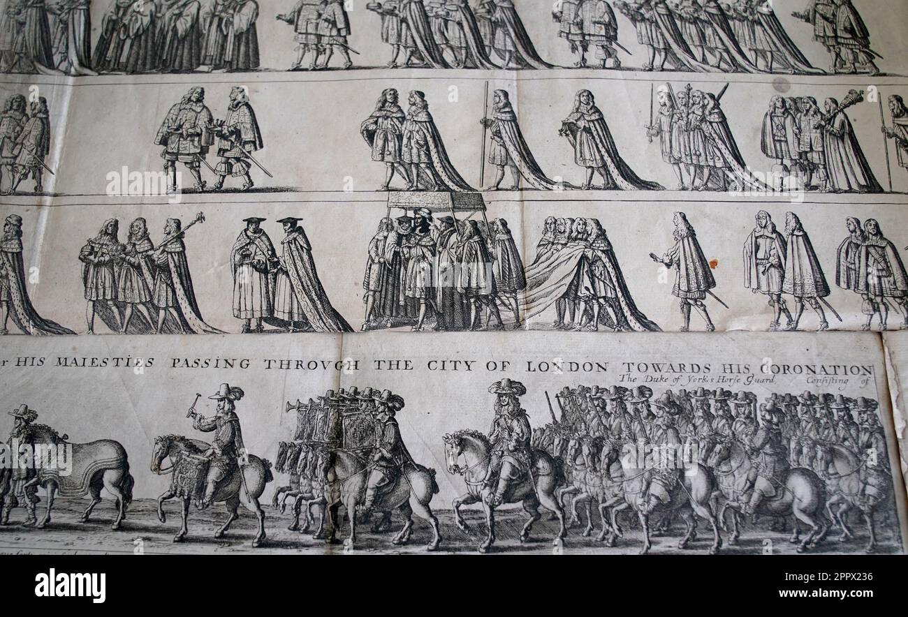 Una vista di una serie di incisioni di Venceslao Hollar, a Catherine Southon Auctioneers che ritraggono la Cavalcata di incoronazione di Carlo II nel 1661 (metà), prima della loro vendita a Chiselhurst, nel sud-est di Londra. Gli attacchi sono stati trovati sul retro di un armadio a Notting Hill, Londra, 362 anni dopo l'evento e a poche settimane dall'incoronazione del re Carlo III, e si stima che vengano recuperati £400 a £600 quando vanno sotto il martello. Data immagine: Martedì 25 aprile 2023. Foto Stock