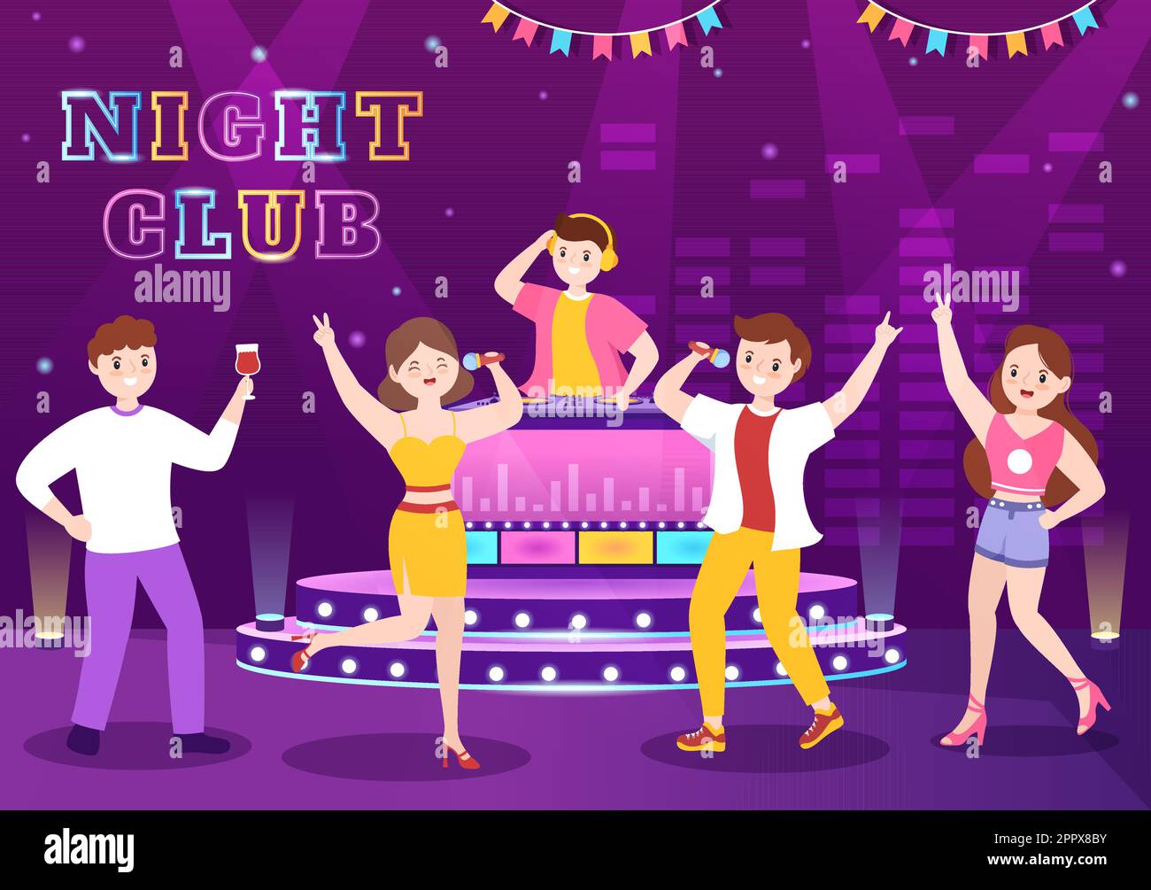 Night Club Cartoon Illustration with Nightlife Like a Young People drink Alcohol and Youth Dance accompagnato da DJ Music in Spotlight Illustrazione Vettoriale