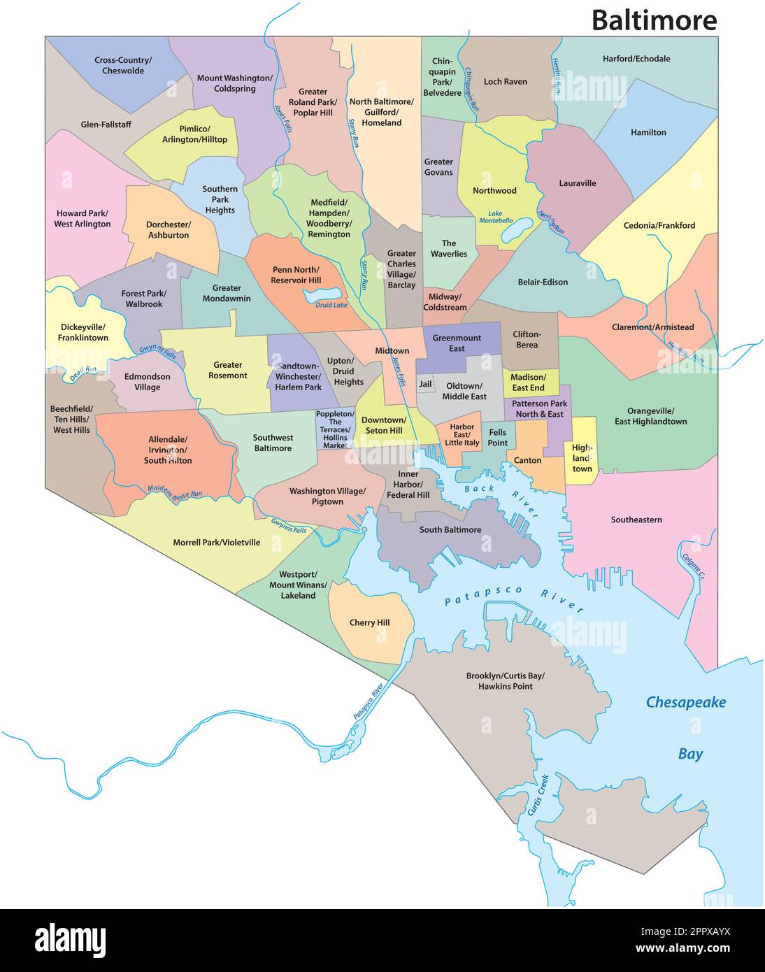 Mappa vettoriale amministrativa della città di Baltimora, Maryland, Stati Uniti Illustrazione Vettoriale