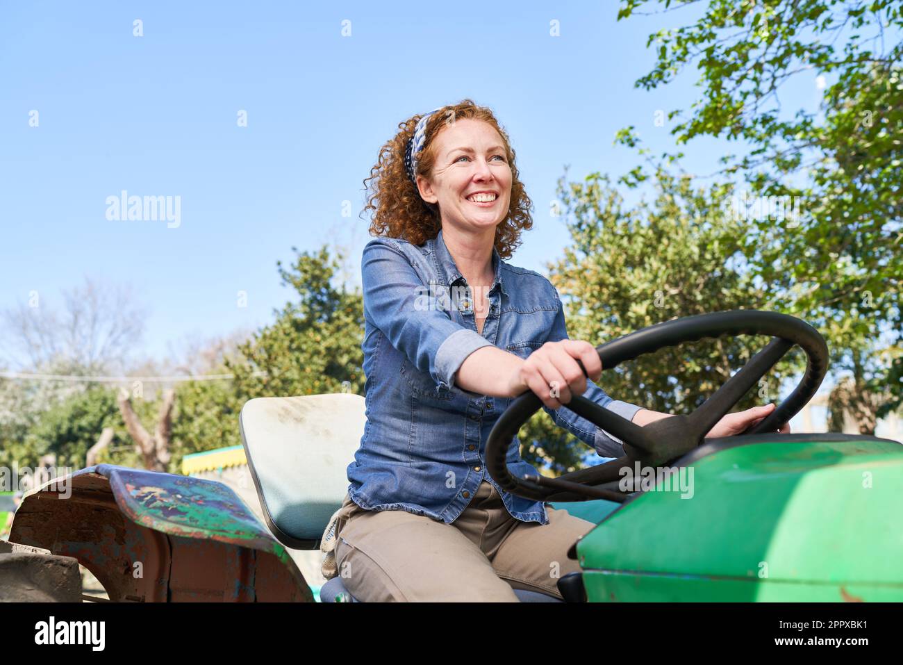Felice agricoltore maturo seduto su un trattore verde con cielo limpido sullo sfondo nelle giornate di sole Foto Stock