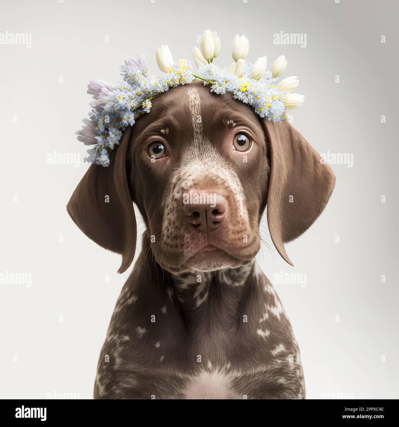 ritratto di un carino, giovane cane puntatore inglese con fiori sulla testa Foto Stock