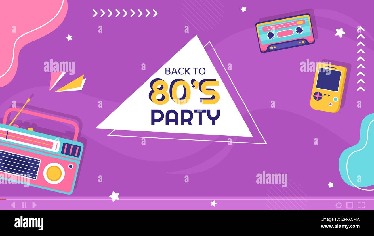 80s Party Video Thumbnail Template Flat Cartoon background Vector Illustration Illustrazione Vettoriale