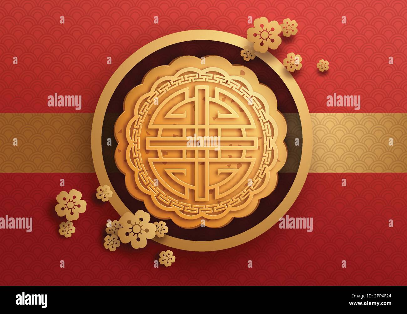 Biglietto d'auguri per il festival di metà autunno con torta lunare su sfondo rosso Illustrazione Vettoriale