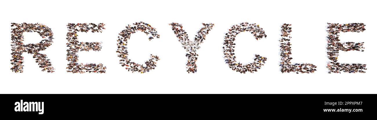 Concetto concettuale grande comunità di persone che formano la parola RECCYCLE. 3d metafora di illustrazione per ecologia, ambiente, conservazione, eco-friendly Foto Stock