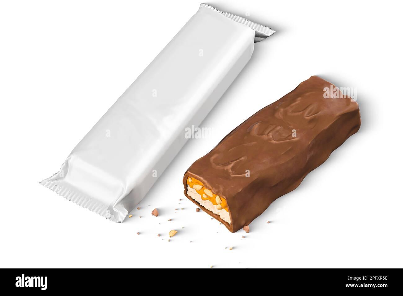 Closeup di cioccolato, arachidi e barretta di caramello isolato su sfondo bianco dettagli di alta qualità - rendering 3D Foto Stock
