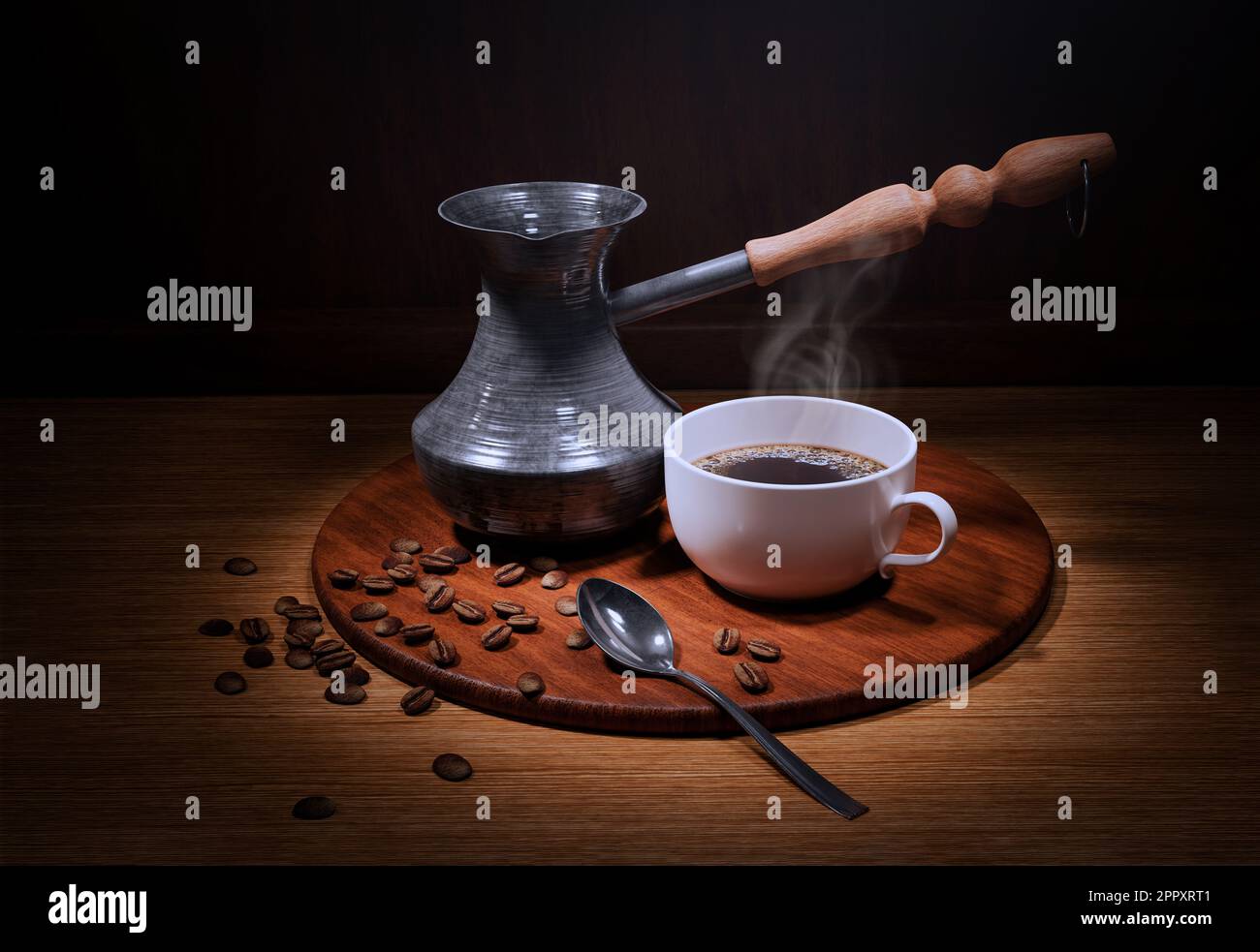 Tazza di caffè con cucchiaio, fagioli, pentola, su asse di legno - 3D resa Foto Stock