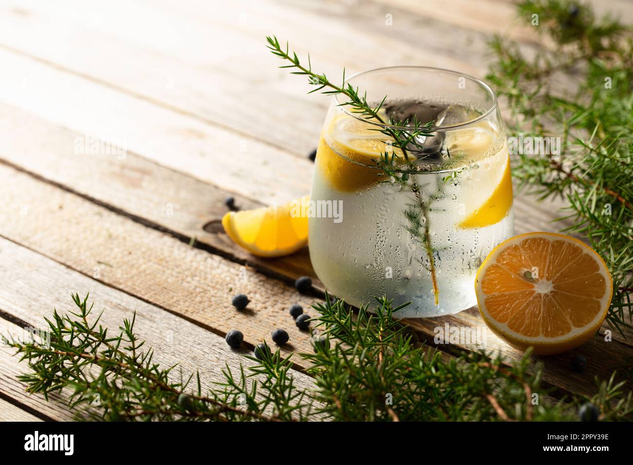 Cocktail tonico gin con limone, rametti di ginepro e frutti di bosco. Cocktail in un bicchiere di ghiaccio su un tavolo rustico in legno, spazio copia. Foto Stock