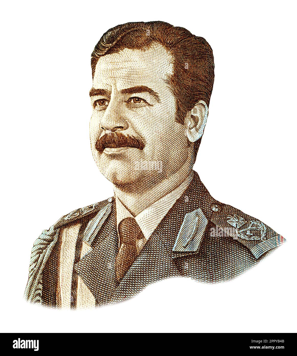 Iraq - circa 1986: Saddam Hussein (1937-2006) ritratto da 25 dinari banconota irachena Foto Stock