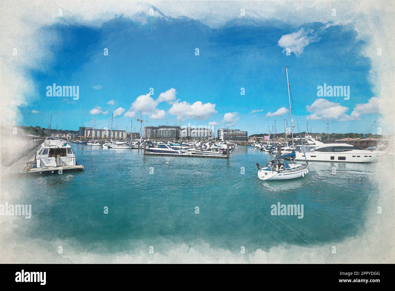 Barche ormeggiate a Elizabeth Marina. Un dipinto digitale ad acquerello del porto di St Helier della dipendenza dalla Corona britannica di Jersey, Isole del canale, Brit Foto Stock