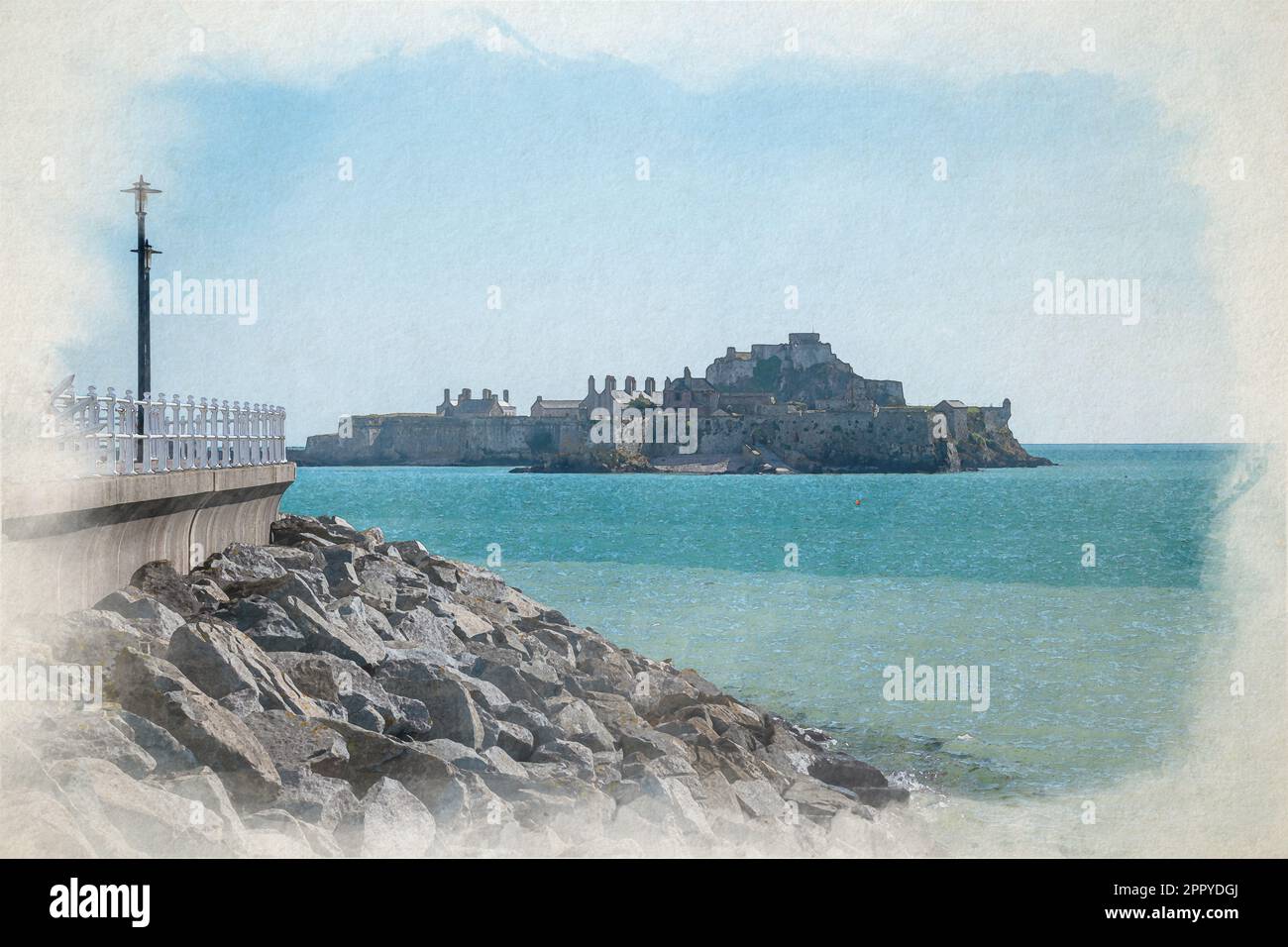 Elizabeth Castle pittura acquerello digitale. Porto di St Helier della dipendenza della Corona Britannica di Jersey, Isole del canale, Isole Britanniche. Foto Stock