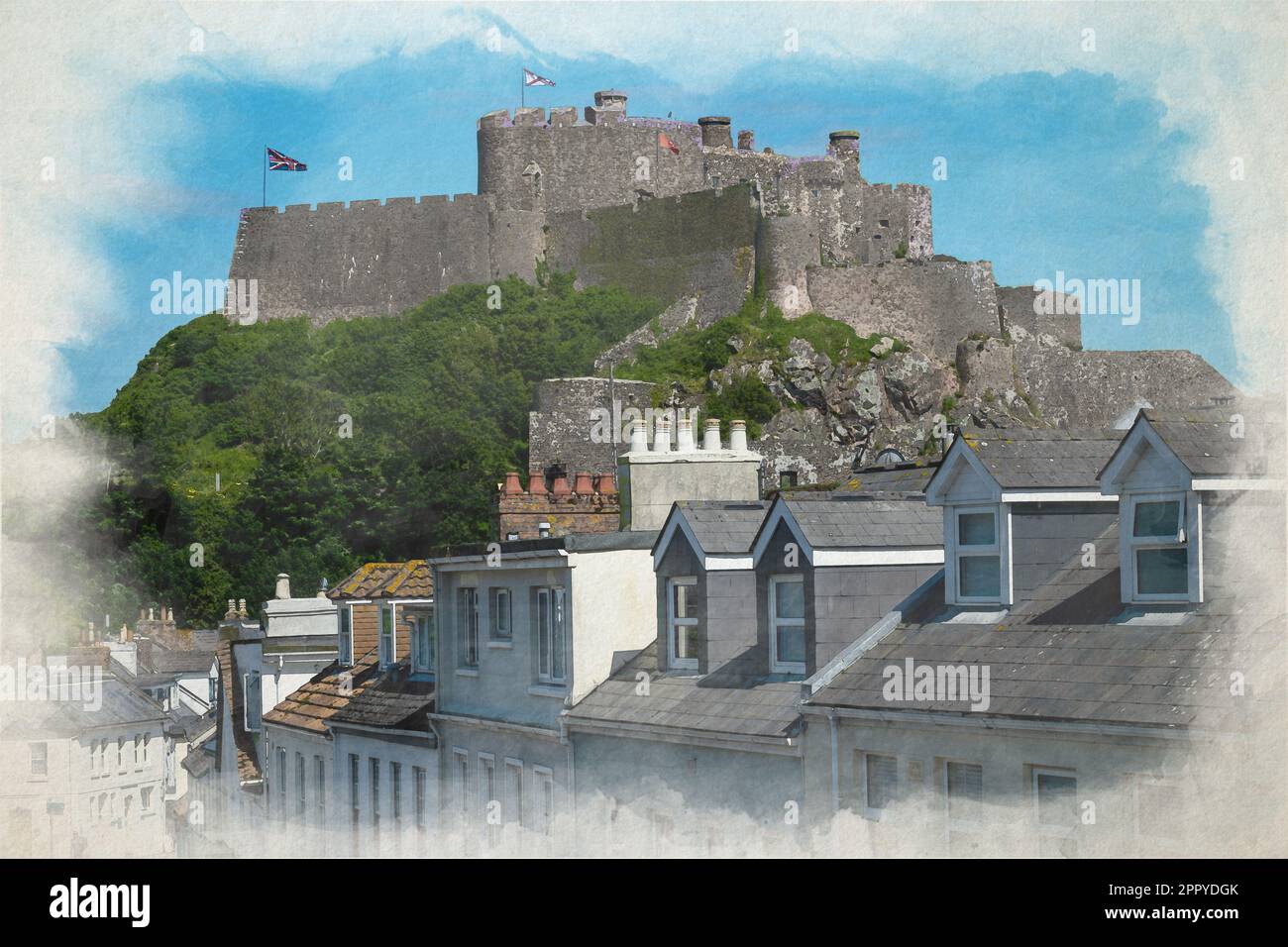Un dipinto digitale acquerello dell'iconico Castello di Mont Orgueil. Porto di Gorey, Jersey, Isole del canale, Isole Britanniche. Foto Stock