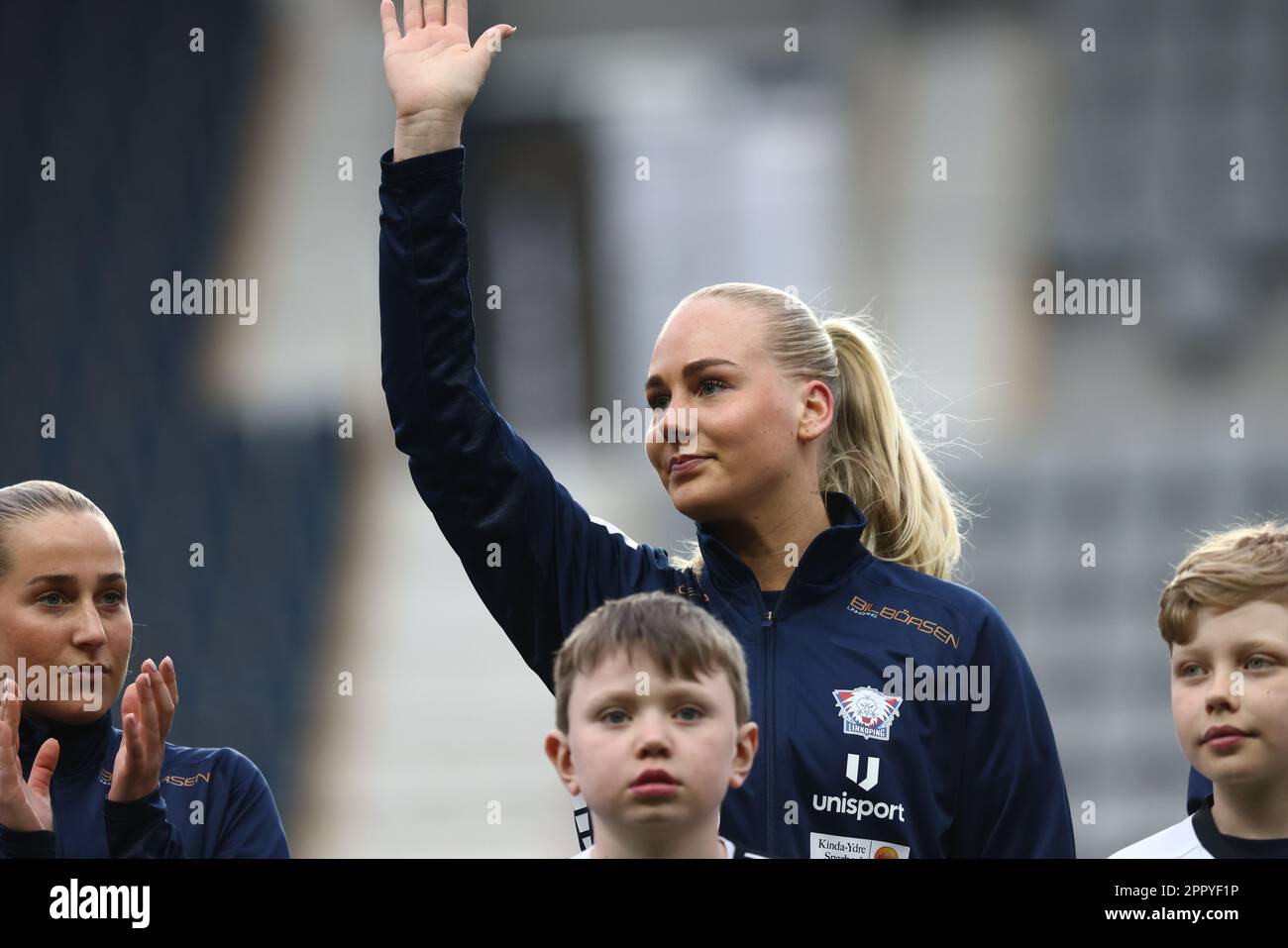 Linköpings 9 Cathinka Tandberg durante la partita di calcio di lunedì nella OBOS Damallsvenskan tra Linköping FC-Hammarby IF all'arena di Bilbörsen, Linköping, Svezia. Foto Stock