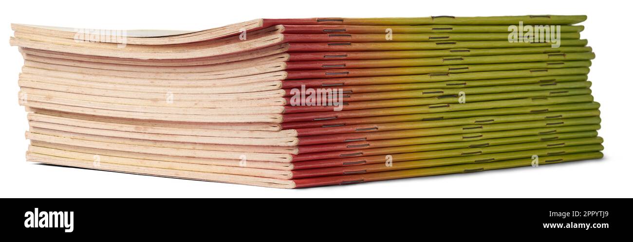 pila di libri sottili o opuscoli cartacei isolati su sfondo bianco, ritaglio selettivo della messa a fuoco Foto Stock