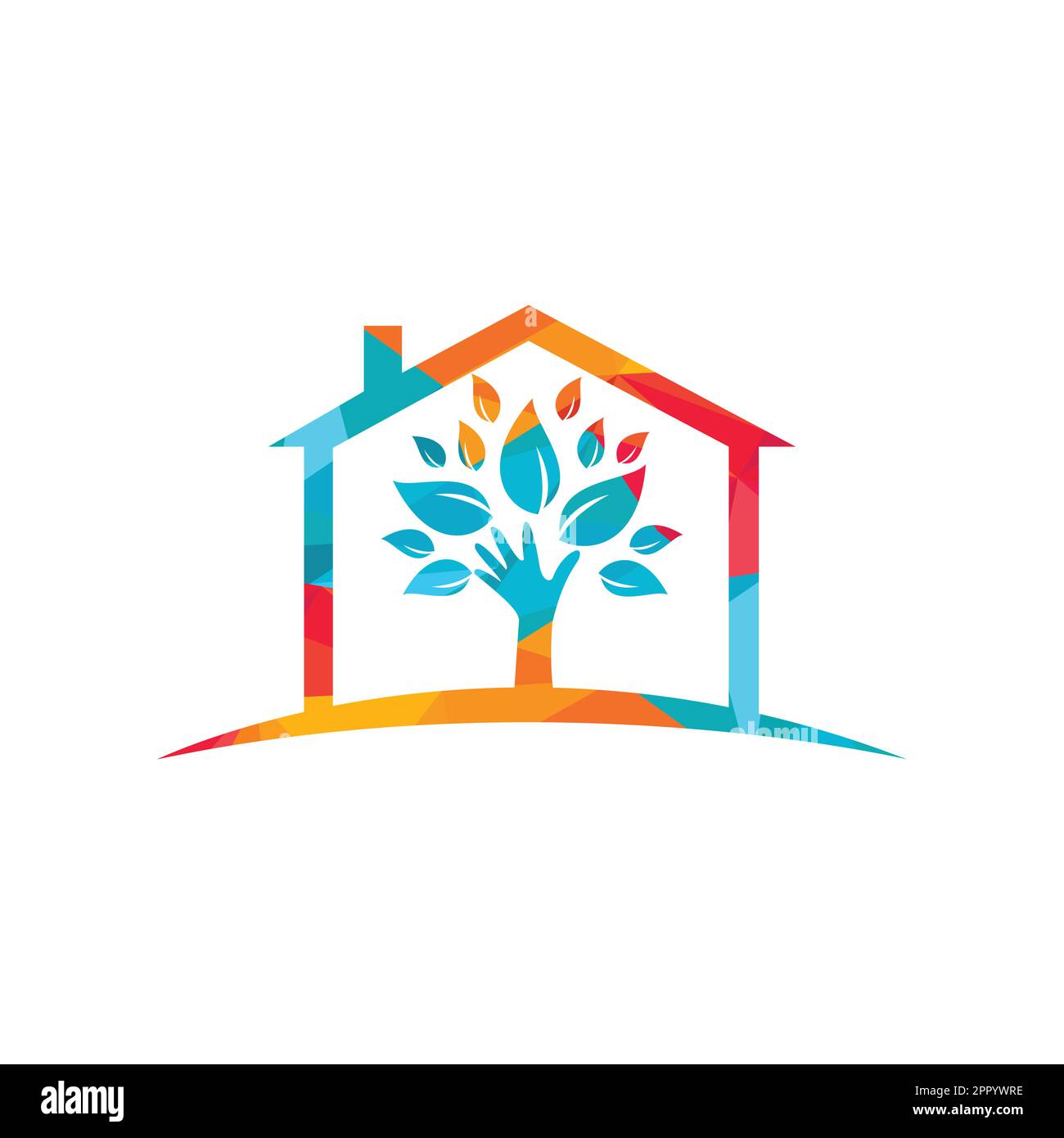 Design creativo di un albero a mano verde e logo della casa. Logo naturale per la cura della casa. Logo Spa. Salone di bellezza o logo yoga. Illustrazione Vettoriale