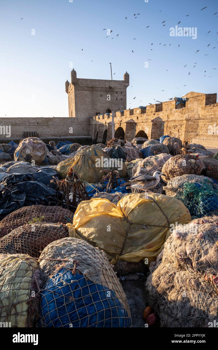 Reti da pesca imballate vicino alle pareti del porto di Essaouira. Foto Stock