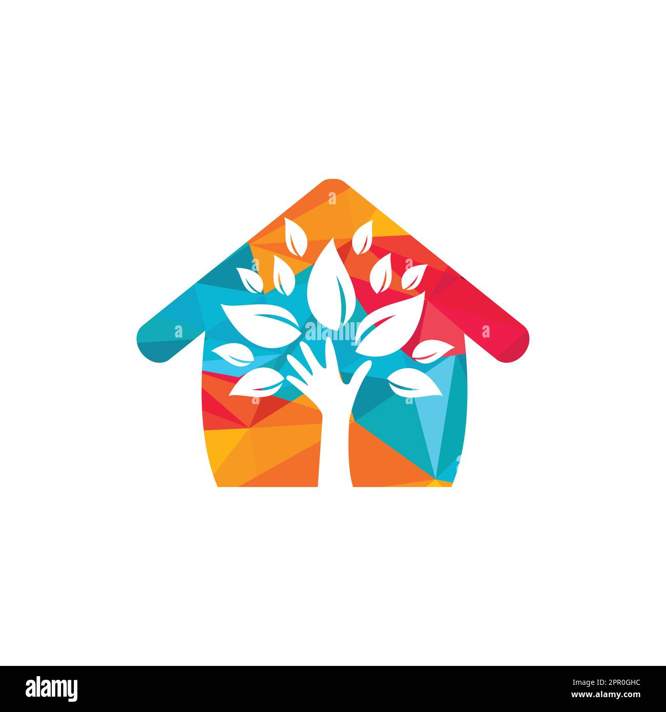 Design creativo di un albero a mano verde e logo della casa. Logo naturale per la cura della casa. Logo Spa. Salone di bellezza o logo yoga. Illustrazione Vettoriale