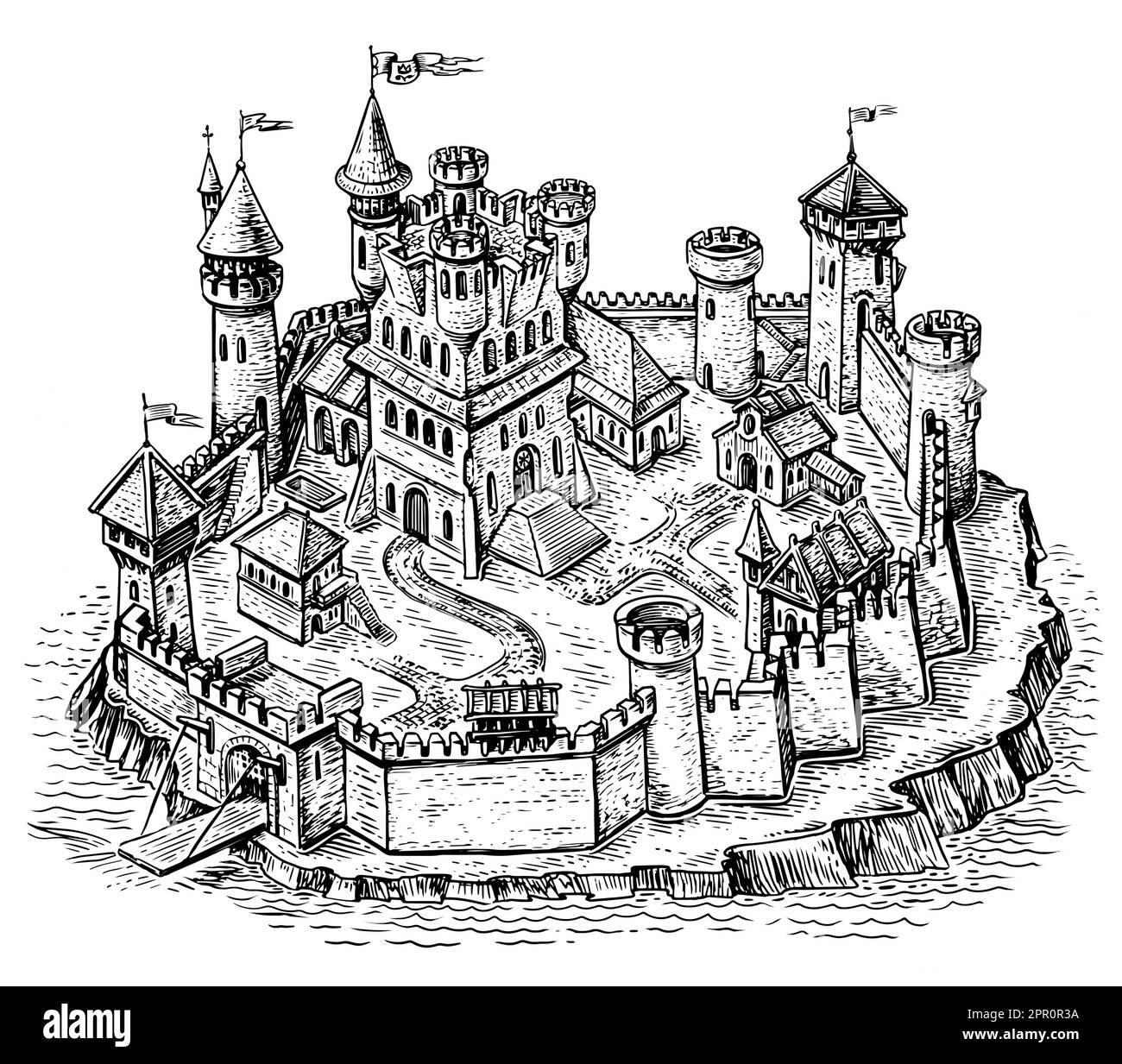 Città medievale. Castello di pietra con torri isometria. Paesaggio urbano in stile d'incisione vintage. Illustrazione dello schizzo Foto Stock