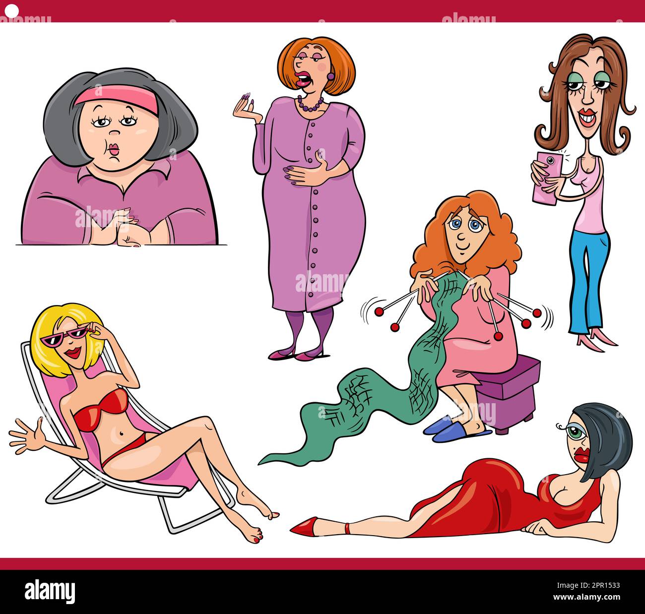 divertente cartone animato donne personaggi caricatura set Illustrazione Vettoriale