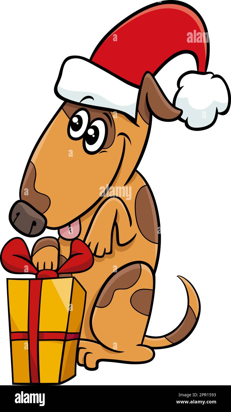 Personaggio animale del cane fumetto con regalo di Natale Illustrazione Vettoriale