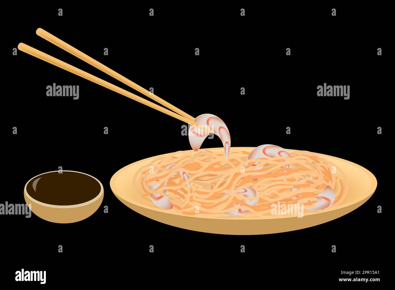 Spaghetti al wok con gamberi in un piatto di bambù con bastoncini e salsa di soia su sfondo nero. Immagine vettoriale Illustrazione Vettoriale