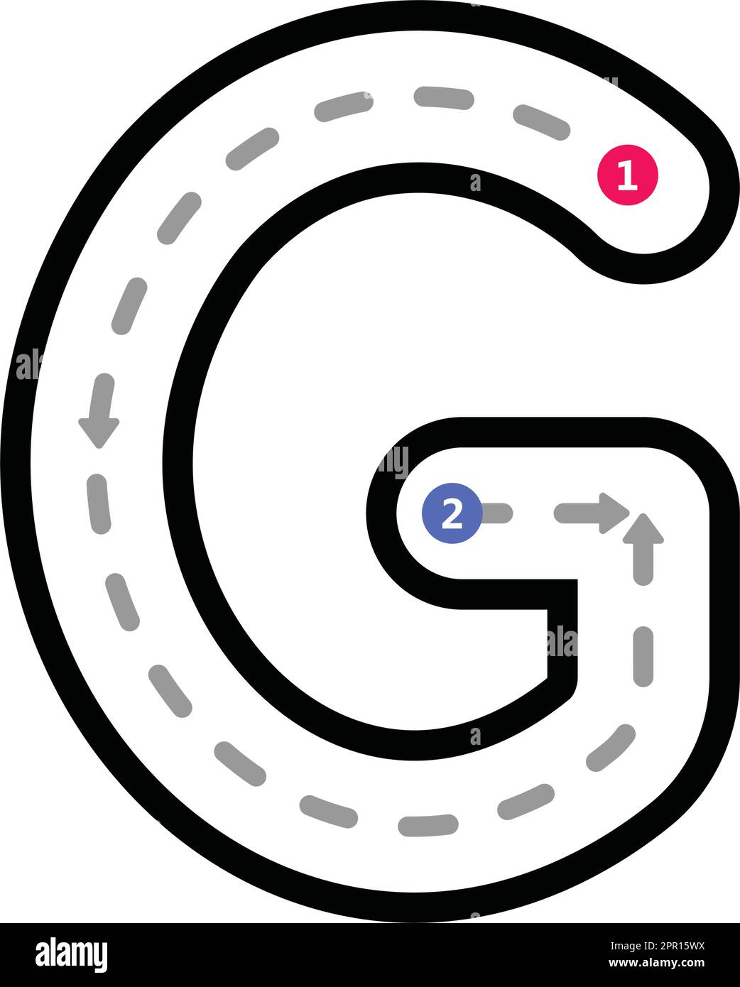 Traccia Alphabet maiuscola lettera G prescrittura linea punteggiata elemento per scuola materna, prescolare e Montessori foglio di lavoro per l'attività di pratica di scrittura a mano. Illustrazione Vettoriale