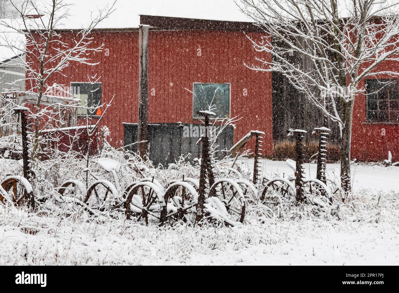 Vecchi tosaerba da fieno trainati da cavalli in una fattoria Amish nel Michigan centrale, Stati Uniti [Nessun rilascio di proprietà; solo licenza editoriale] Foto Stock