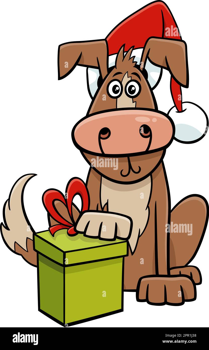 Divertente cane cartone animato con regalo il tempo di Natale Illustrazione Vettoriale