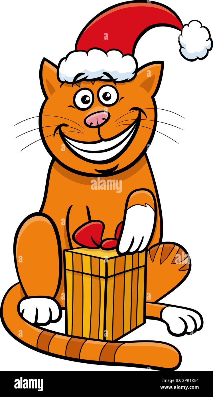 Cartoon gatto o cucciolo con regalo di Natale Illustrazione Vettoriale