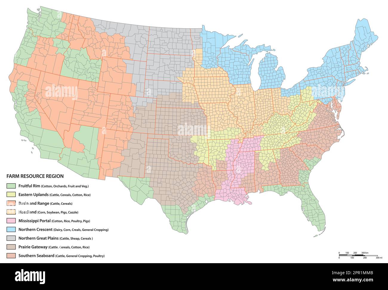Mappa vettoriale di regioni di risorsa agricola, Stati Uniti Illustrazione Vettoriale