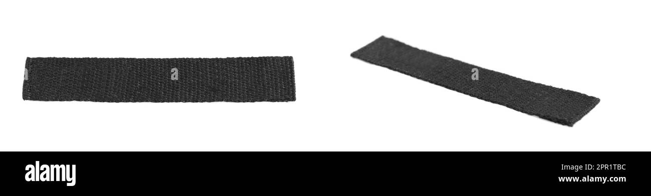 Etichette nere vuote per abiti su sfondo bianco, collage. Design del banner Foto Stock