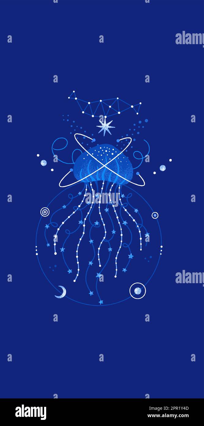 Medusa cosmica. Vita subacquea magica. Composizione marina spaziale. Creature oceaniche decorate con stelle, costellazioni. Blu, bianco. Illustrazione per t-shirt, copertina, poster, adesivo Illustrazione Vettoriale