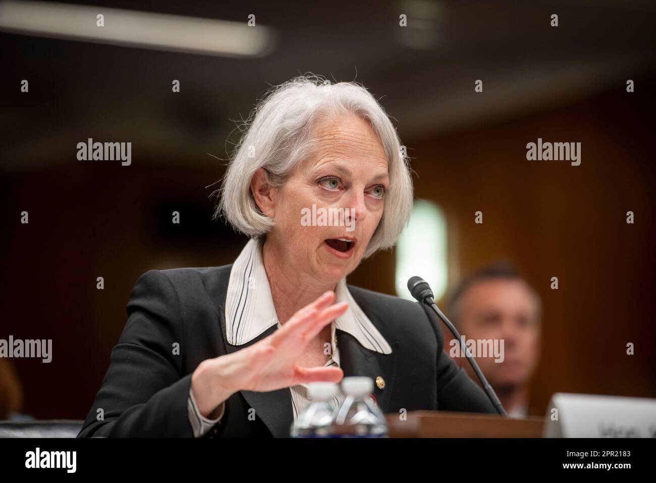 Washington, Stato di Vereinigte. 25th Apr, 2023. Il sergente di Arms e il portiere del Senato americano Karen Gibson appare dinanzi ad una commissione del Senato sugli stanziamenti, sottocommissione sull'audizione legislativa per esaminare le stime di bilancio proposte e la giustificazione per l'anno fiscale 2024 per il sergente di Arms e il portiere del Senato e della polizia del Campidoglio degli Stati Uniti, Nel Dirksen Senate Office Building a Washington, DC, martedì 25 aprile 2023. Credit: Rod Lammey/CNP/dpa/Alamy Live News Foto Stock