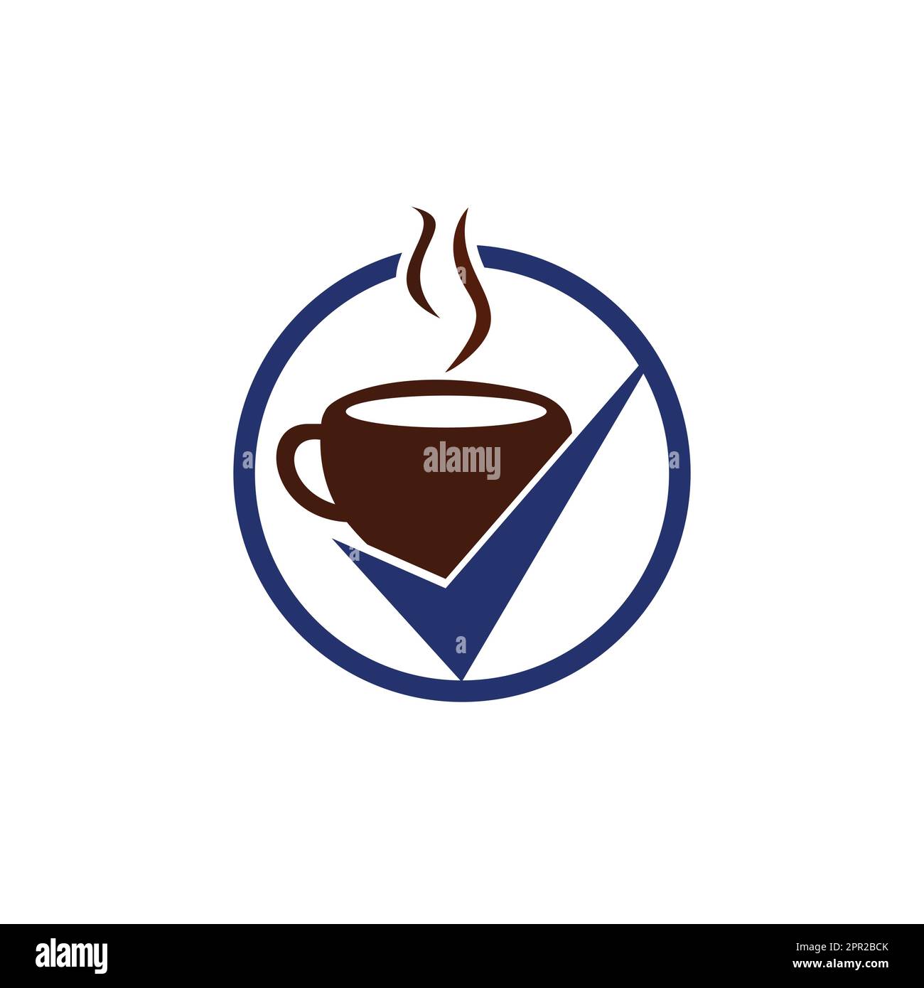 Disegno del logo Vector Coffee Check. Tazza da caffè con un segno di spunta. Illustrazione Vettoriale